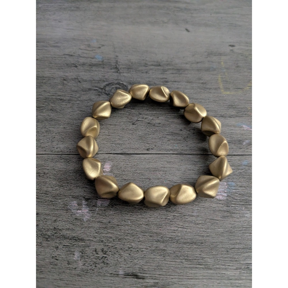 Gold Tone Nugget Bead Stretch Bracelet Matte Geometric Asymmetrical Organic